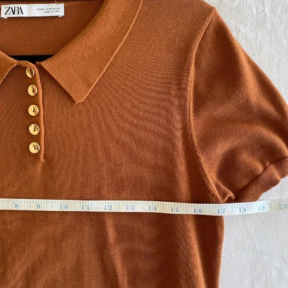Zara Button Up Women's Polo Shirt Knit Size Medium Brown - Picture 6 of 8